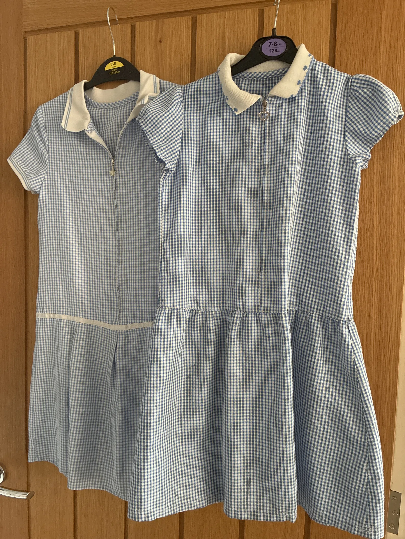 Two blue gingham dresses Age 8-9