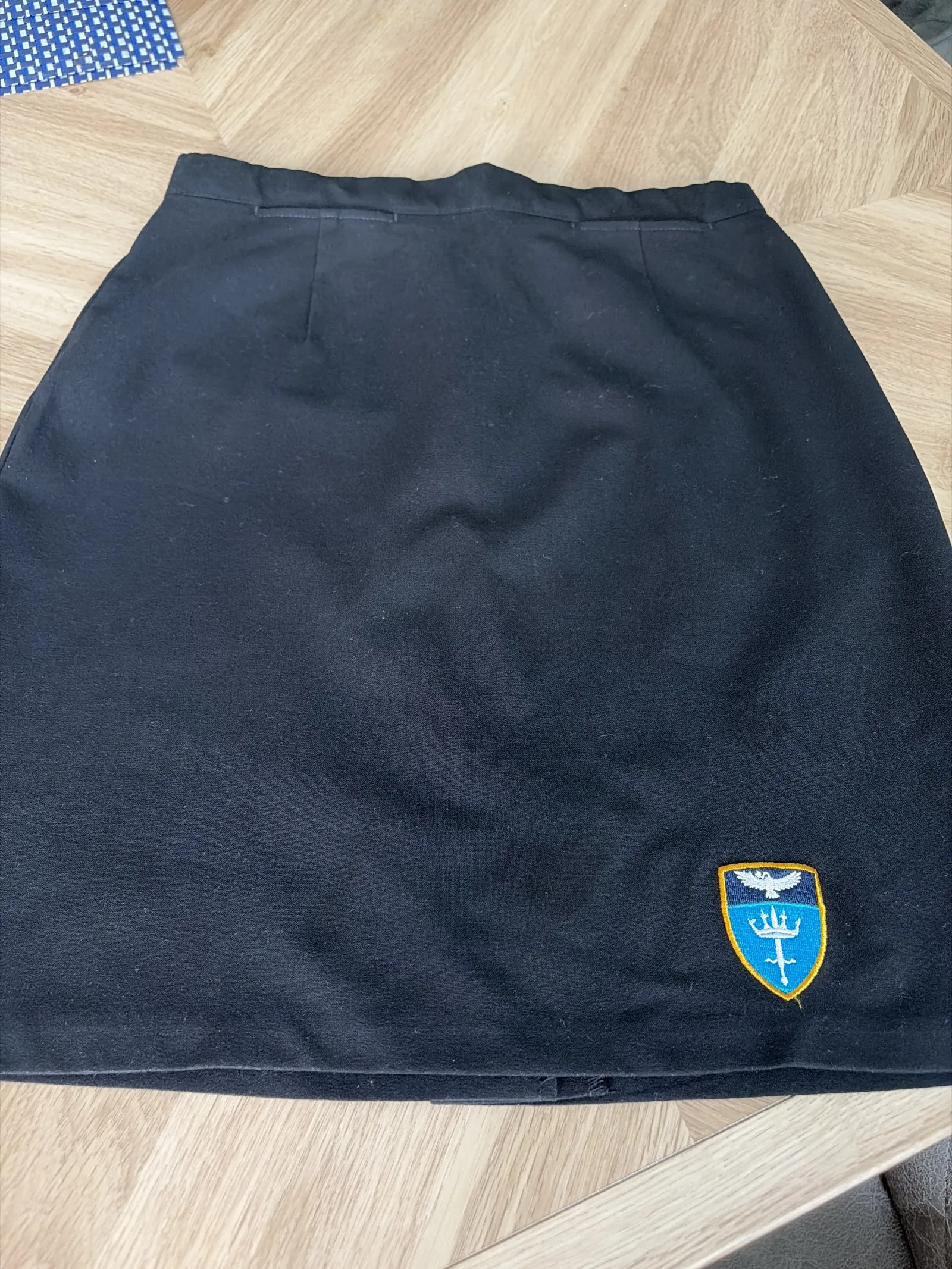 Black pencil skirt with badge. 24” waist, 18” length.