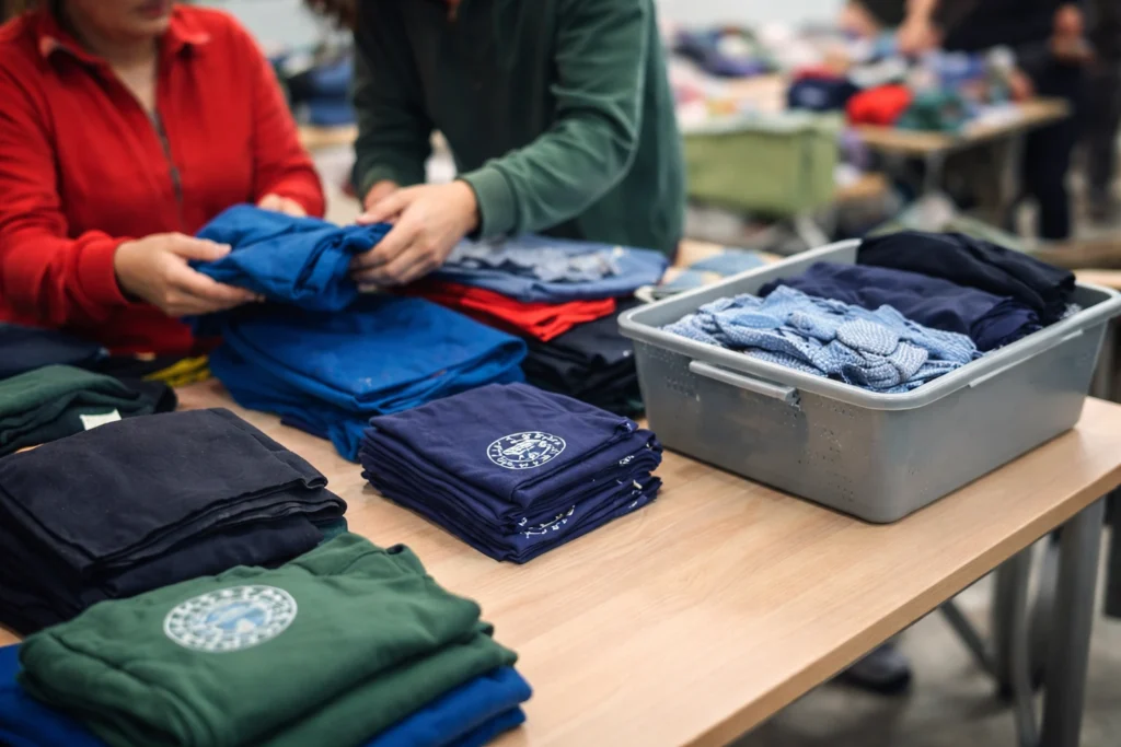 Two volunteers sorting free school clothes on a table 